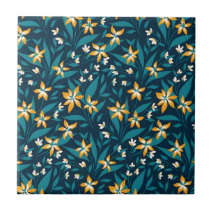 Padrão de Flor Amarela Elegante em Folhas Verdes E