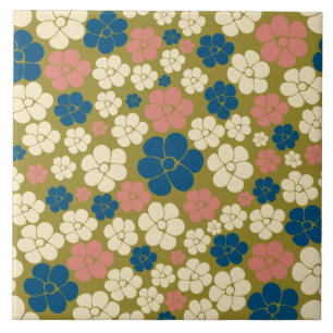 Padrão de Flor - Azul, Verde Oleícola, Rosa e Crem