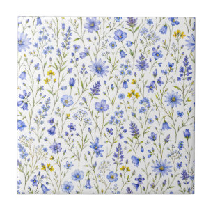 Padrão de Flor Silvestre Aquarela Azul Amarelo Ver