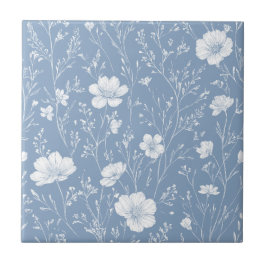 Padrão de Flor Silvestre Azul e Branco Atenuado