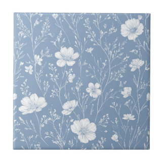 Padrão de Flor Silvestre Azul e Branco Atenuado