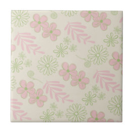 Padrão de Flor Verde Rosa bege Retroativo Y2K 70s