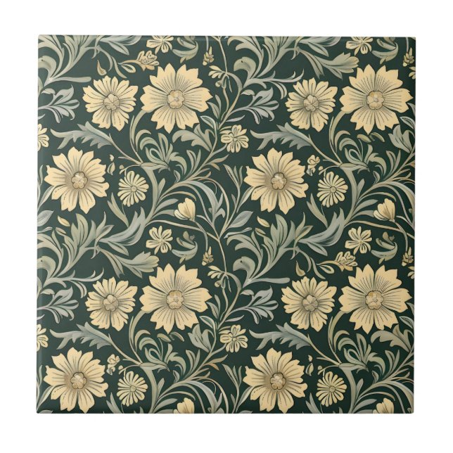 Padrão de flores amarelas estilizadas em verde esc (Frente)