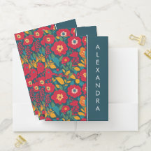 Padrão de Flores e Folhas Selvagens Azuis e Vermel