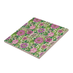 Padrão de Flores Retro de Púrpura Verde e bege