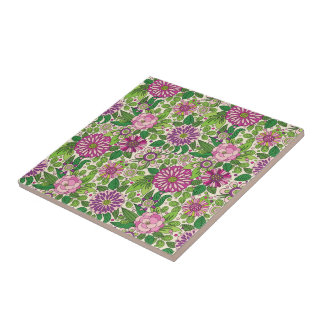 Padrão de Flores Retro de Púrpura Verde e bege