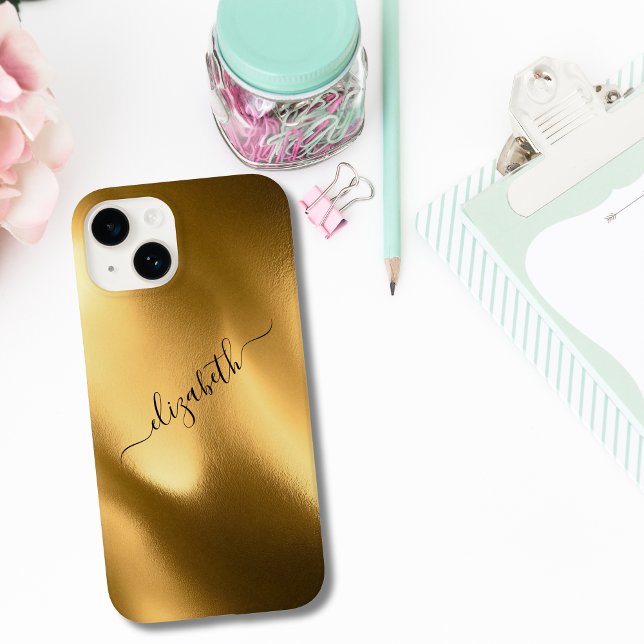 Padrão de Folha Dourada Monograma em Script Glam M (Monogrammed Script Gold Foil iPhone Case)
