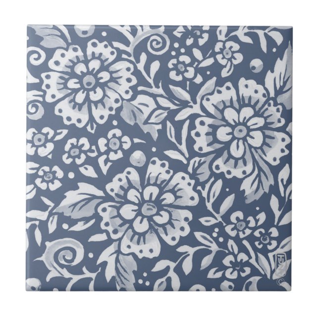 Padrão De Folha Floral De Flor Azul Médio Denim (Frente)