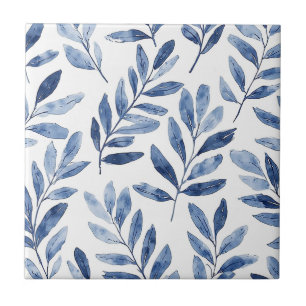 Padrão de Folhas de Aquarela Elegante Azul Índigo