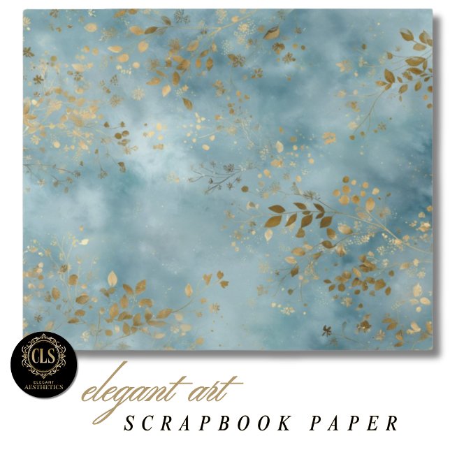 Padrão de Folhas de Ouro Botânico Fundo Azul-Verde (Boho Botanical Teal Gold Leaf Craft Design Scrapbook Paper)