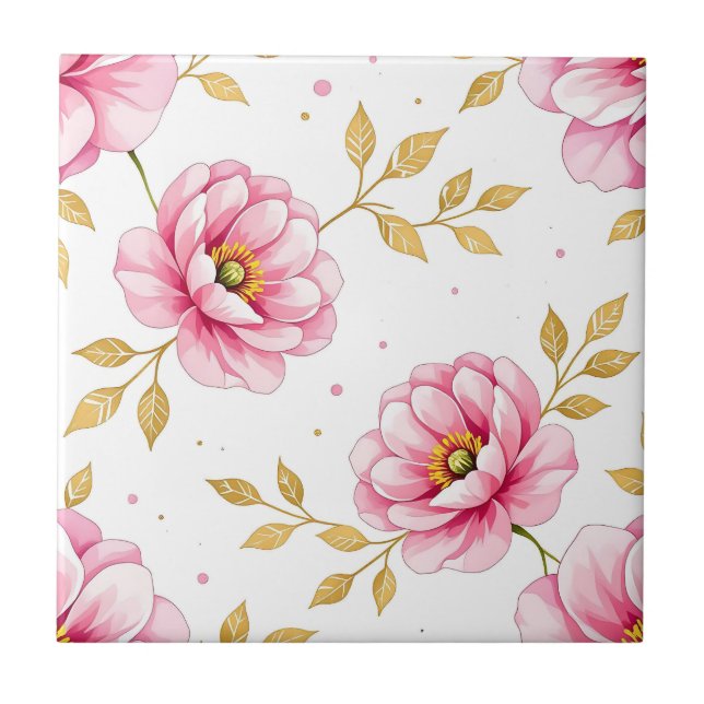 Padrão de Folhas Douradas de Flores de Peônia Rosa (Frente)