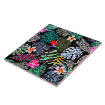Padrão de Folhas e Flores Tropicais Vibrantes