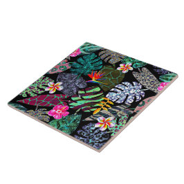 Padrão de Folhas e Flores Tropicais Vibrantes