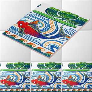 Padrão de friso de peixe e lírio retrô Art Nouveau