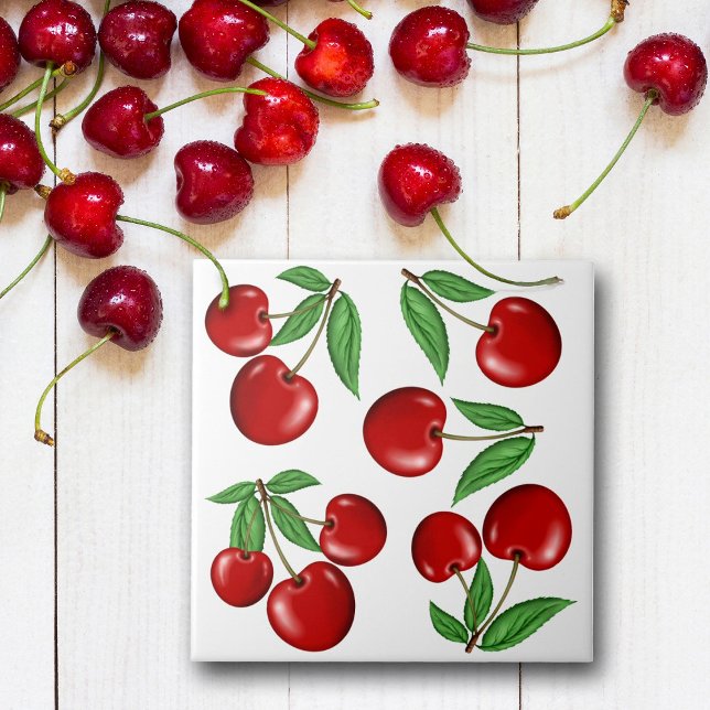 Padrão de Fruta de Cerejas Vermelhas (Cherries ceramic tile, great for kitchen backsplash, tabletops or buy optional frame for wall decor.)