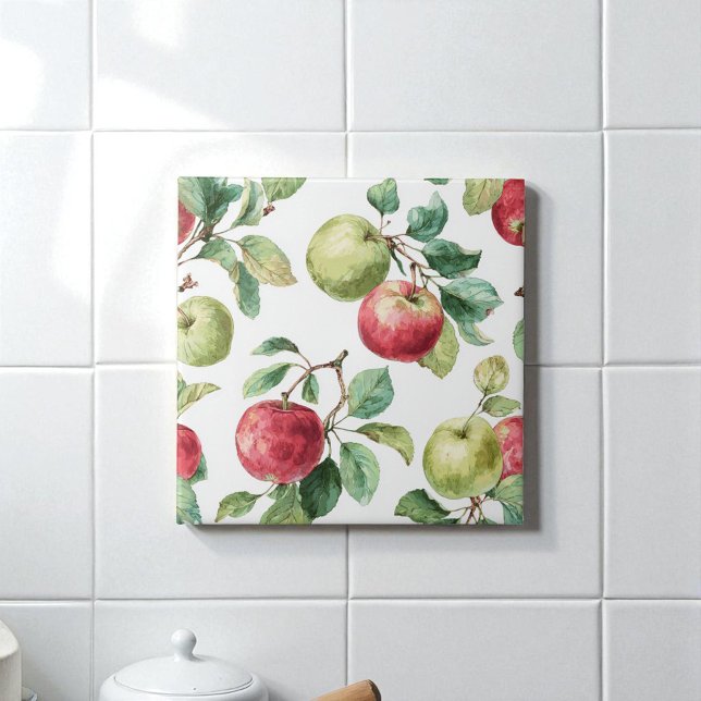 Padrão de Fruta de Maçã Verde Vermelha Russo de Aq (Red Green Apple Fruit Pattern Watercolor Rustic Ceramic Tile)