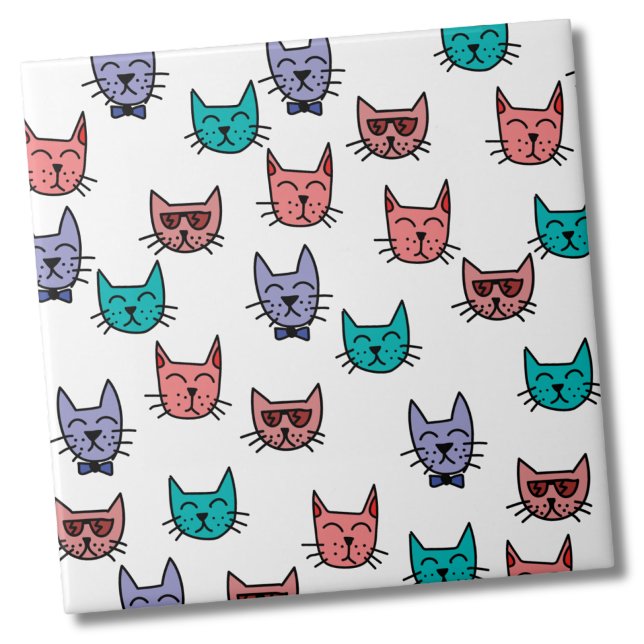 Padrão de Gato Colorido Bonito (Sketch Cat Pattern - Turquoise Pink Purple Ceramic Tile)