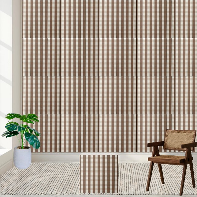 Padrão de Gingham, Marrom quente e branco, verific (Warm Brown and White Checkered Gingham Pattern Ceramic Tile)