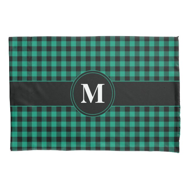 Padrão De Gingham Preto E Verde Monograma (Frente)