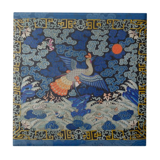 Padrão de Grou Chinês Vintage: Azul Imperial (Frente)
