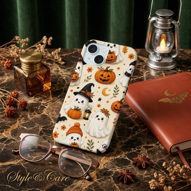 Padrão de Halloween de Fantasma e Abóbora Fofos (Cute Ghost & Pumpkin Halloween Pattern iPhone 15 Case)