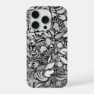 Padrão de Ilustração de Folhas Florais Prata Preto