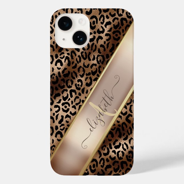 Padrão de Leopardo Chic Preto Bronze Monograma (Verso)