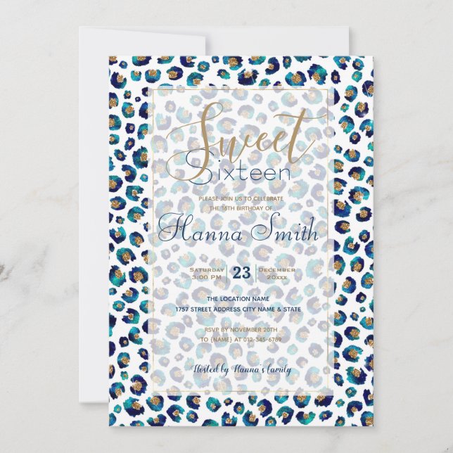 Padrão de Leopardo Glitter Dourado Azul (Frente)