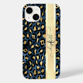 Padrão de Leopardo Monograma Azul Dourado  