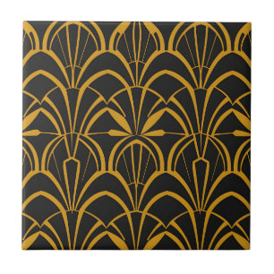Padrão de Leque Art Déco Clássico Preto Dourado Ru