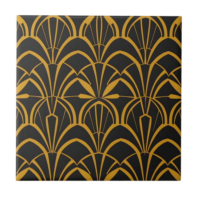 Padrão de Leque Art Déco Clássico Preto Dourado Ru (Frente)