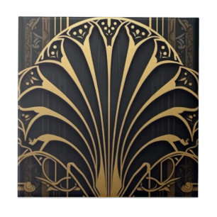 padrão de leque Art Déco preto e dourado