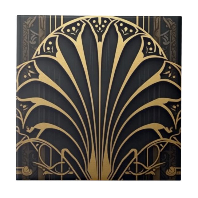 padrão de leque Art Déco preto e dourado (Frente)