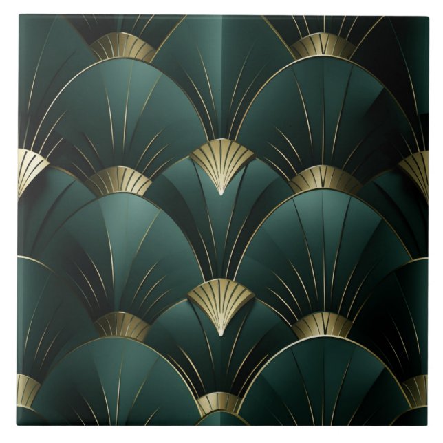 Padrão de leque Art Déco verde e dourado (Frente)