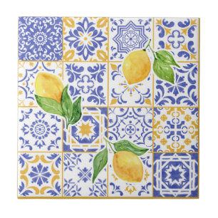 Padrão de Limão Aquarela Azul Amarelo Mediterrâneo
