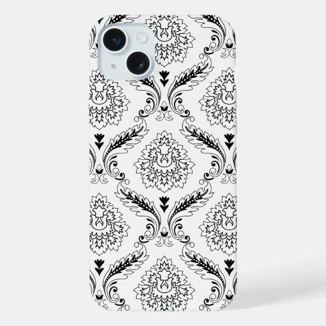 Padrão de Linha Damasko Rococó Preto no Branco (Verso)
