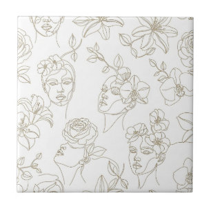Padrão de linha de rosto floral vintage preto e br