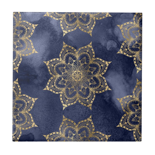 Padrão de Mandala Boho Dourado Azul Naval Textura  (Frente)