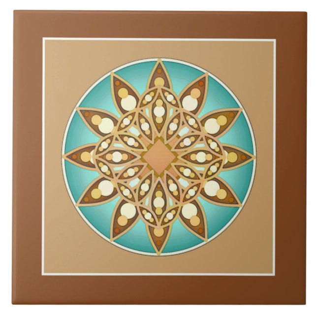 Padrão de Mandala em bronzeado, creme e turquesa (Frente)