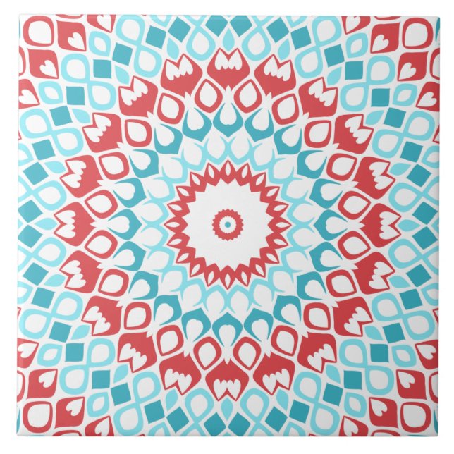 Padrão de Mandala Geométrico Vermelho e Aquático (Frente)