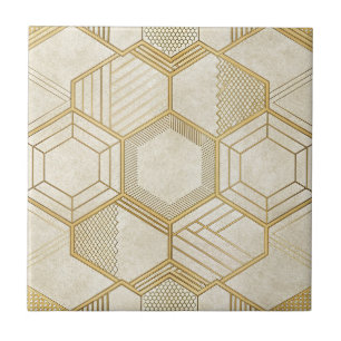 Padrão de Mármore Creme Geométrico Hexágono Dourad