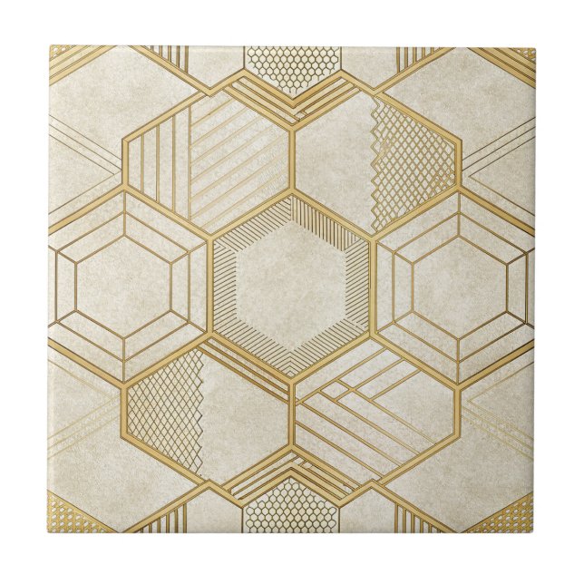Padrão de Mármore Creme Geométrico Hexágono Dourad (Frente)