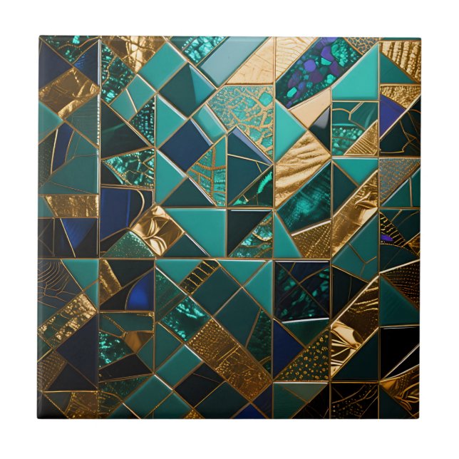 Padrão de Mosaico Geométrico em Dourado e Turquesa (Frente)