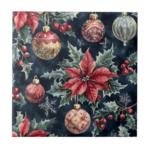Padrão de Natal Poinsettia Vermelho Dourado Marinh