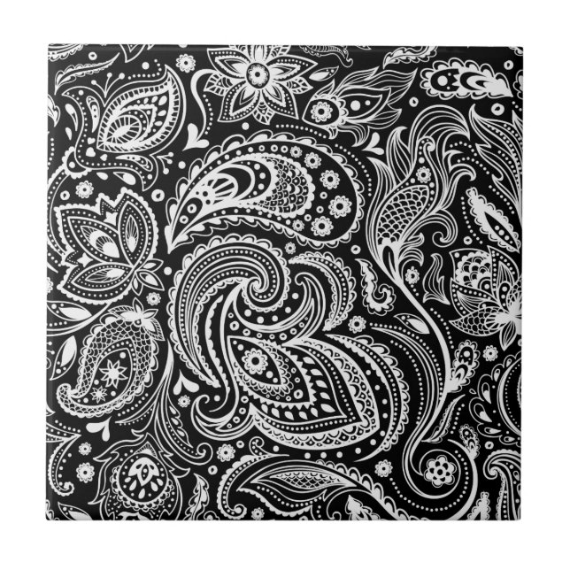 Padrão de Paisley Floral Preto e Branco (Frente)
