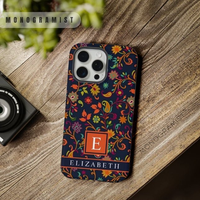 Padrão de Paisley Laranja Azul-Marinho Escuro Pers (Customizable Dark Navy Blue Orange Paisley Pattern iPhone Case)