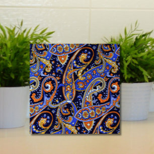 Padrão de Paisley Retroativo Laranja Branco Azul C
