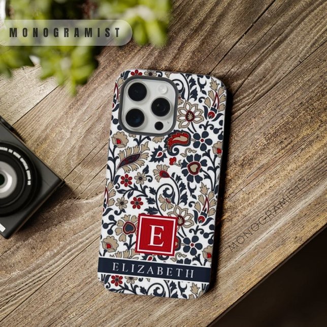 Padrão de Paisley Vermelho de Cinza Azul Branco Pe (Customizable White Blue Grey Red Paisley Pattern iPhone Case)