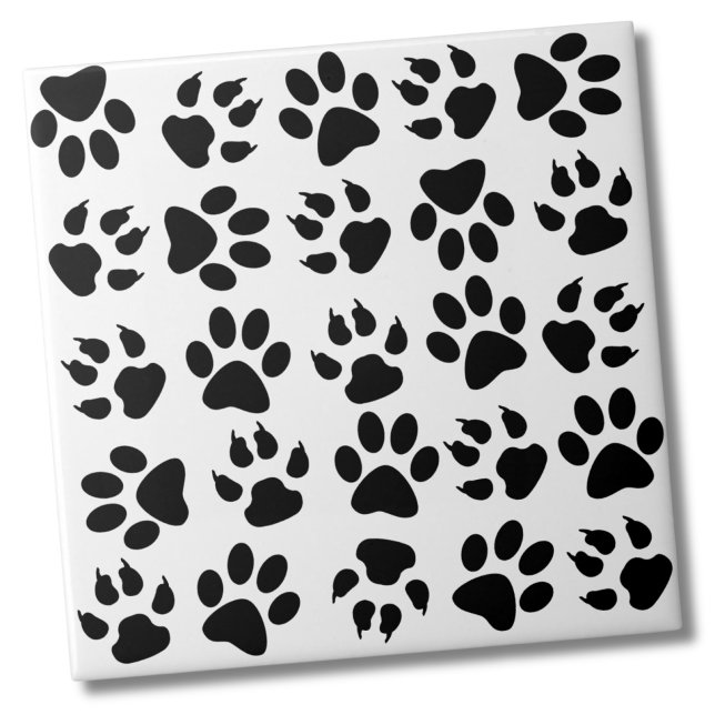 Padrão De Pata De Cão Preto Branco E Bonito (Cute Simple Black White Pet Dog Paw Print Pattern Ceramic Tile)