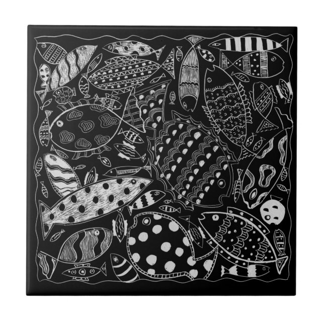 Padrão de Peixe Decorativo Preto e Branco Moderno  (Frente)